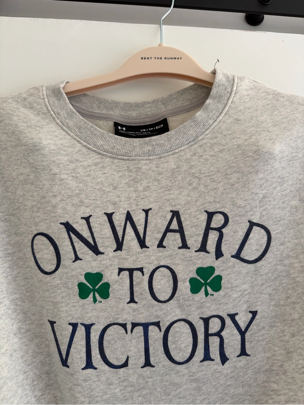 Under Armour Men’s Heather Gray Crewneck with Navy Text & Green Shamrocks